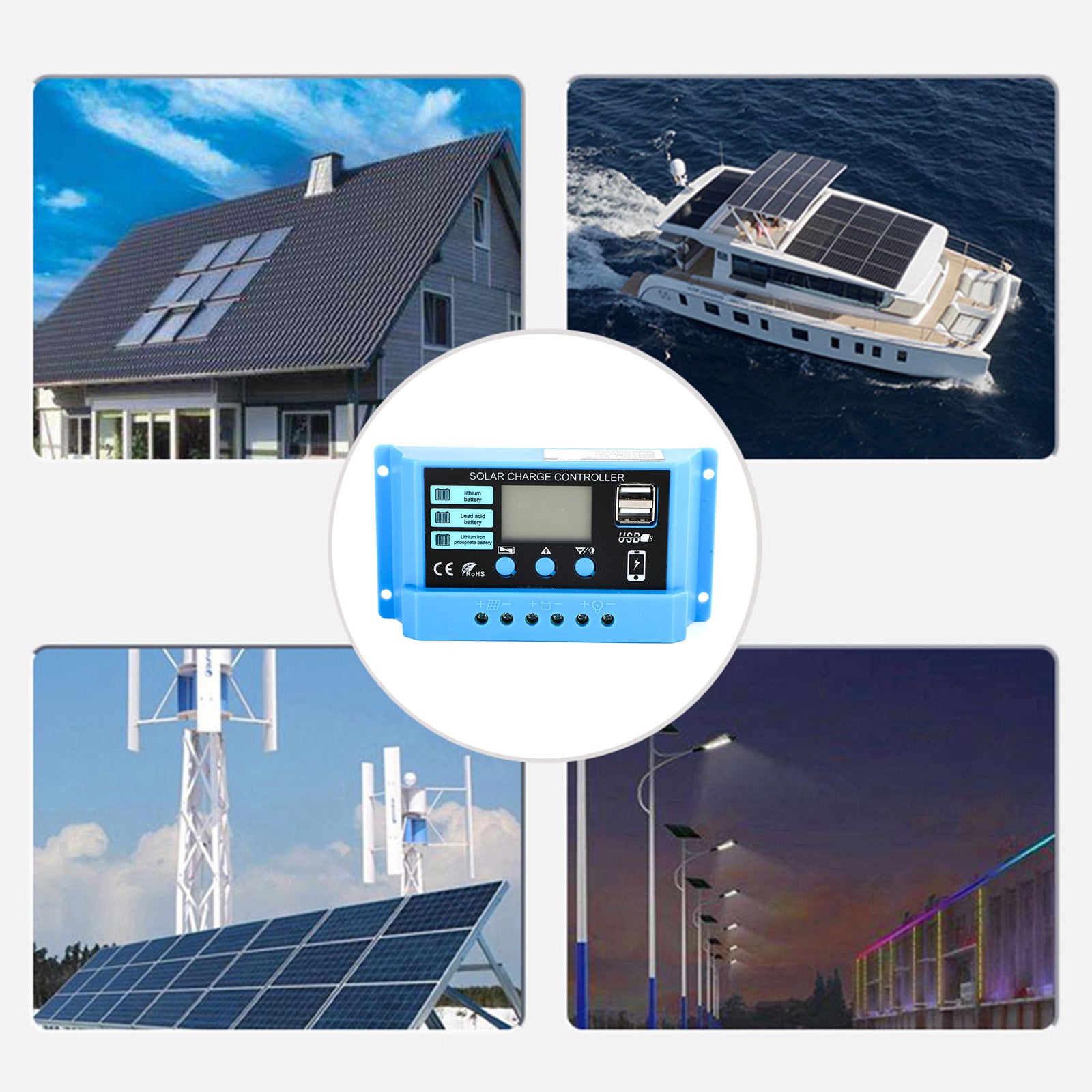 30A PWM Solar Charge Controller, 12V/24V Auto, for LiFePO4, Lithium, Lead-Acid & Gel Batteries with LCD & USB