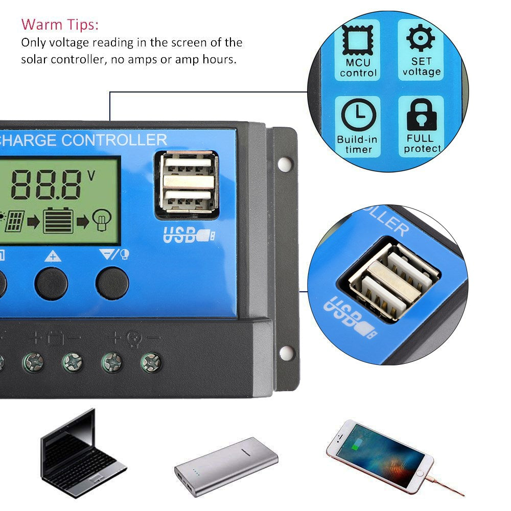 12V/24V Battery Regulator Solar Panel Charge Dual USB LCD 60A Controller PWM