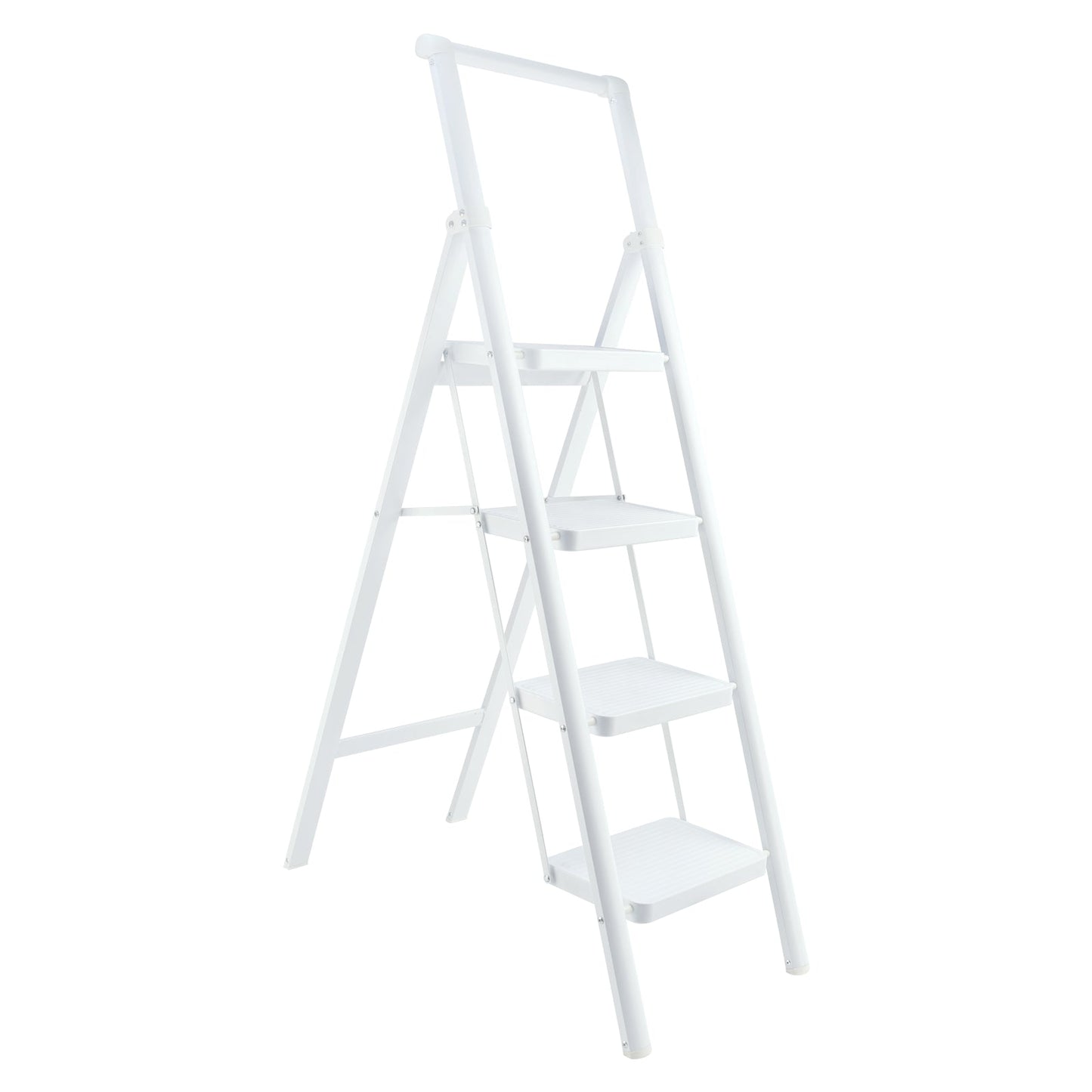 4-Step Ultra-Slim Folding Ladder, 2" Thick Carbon Steel Step Stool with Wide Anti-Slip Pedals, 330 lbs Capacity (White)