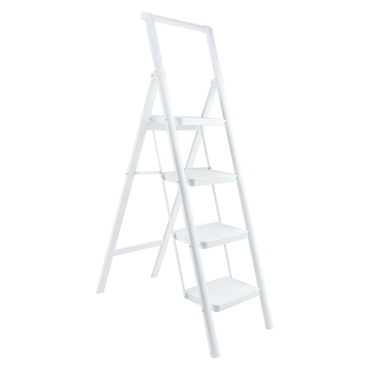 4-Step Ultra-Slim Folding Ladder, 2" Thick Carbon Steel Step Stool with Wide Anti-Slip Pedals, 330 lbs Capacity (White)