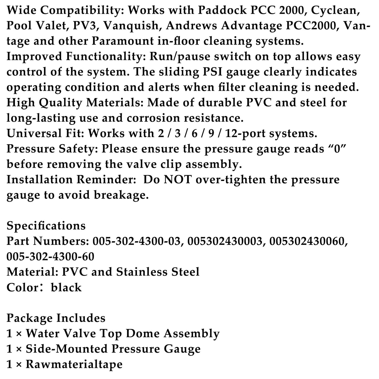 005-302-4300-03 Water Valve Dome with Pressure Gauge for Paramount Replacement