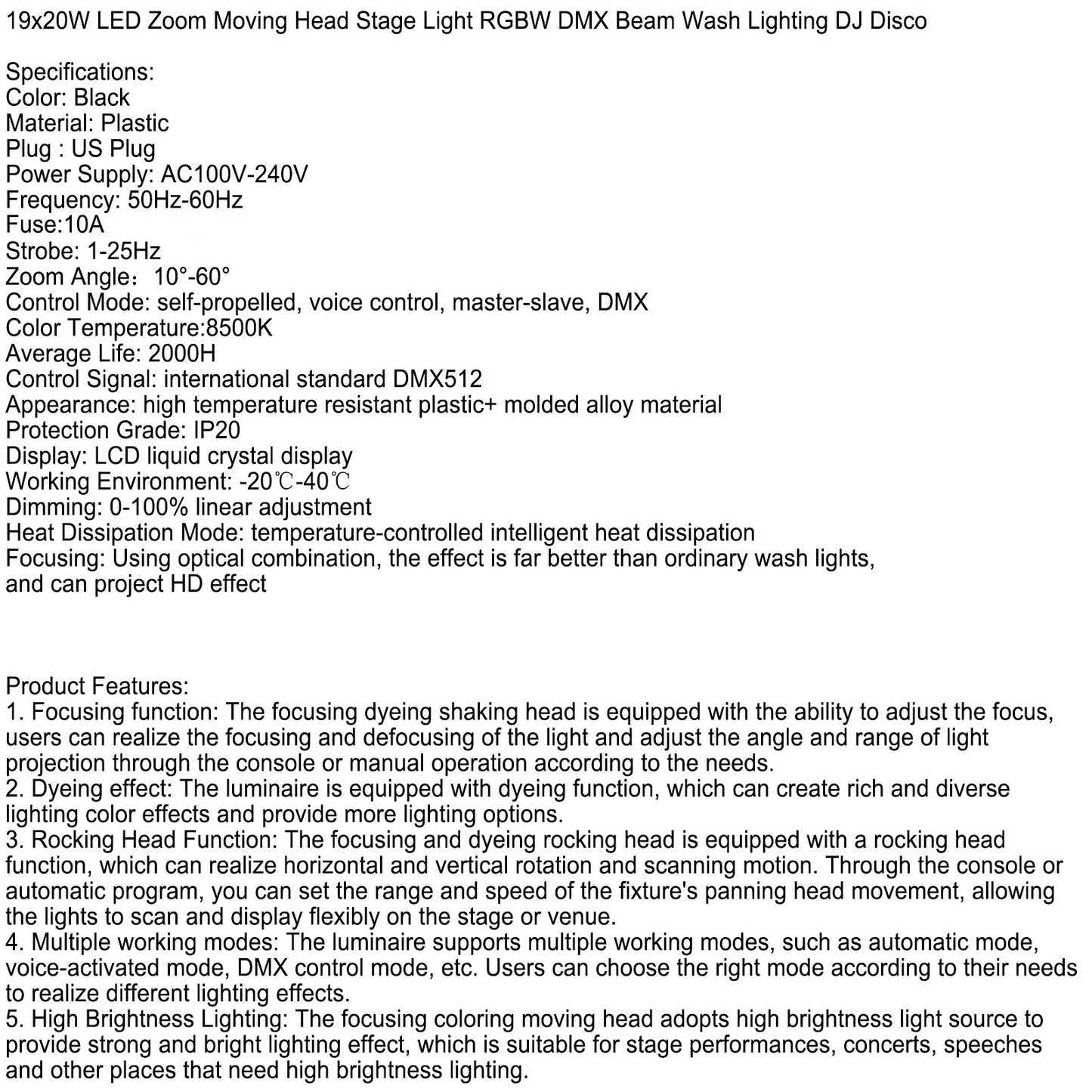 19x20W LED Zoom Moving Head Stage Light – RGBW DMX Beam & Wash Lighting for DJ Disco Party