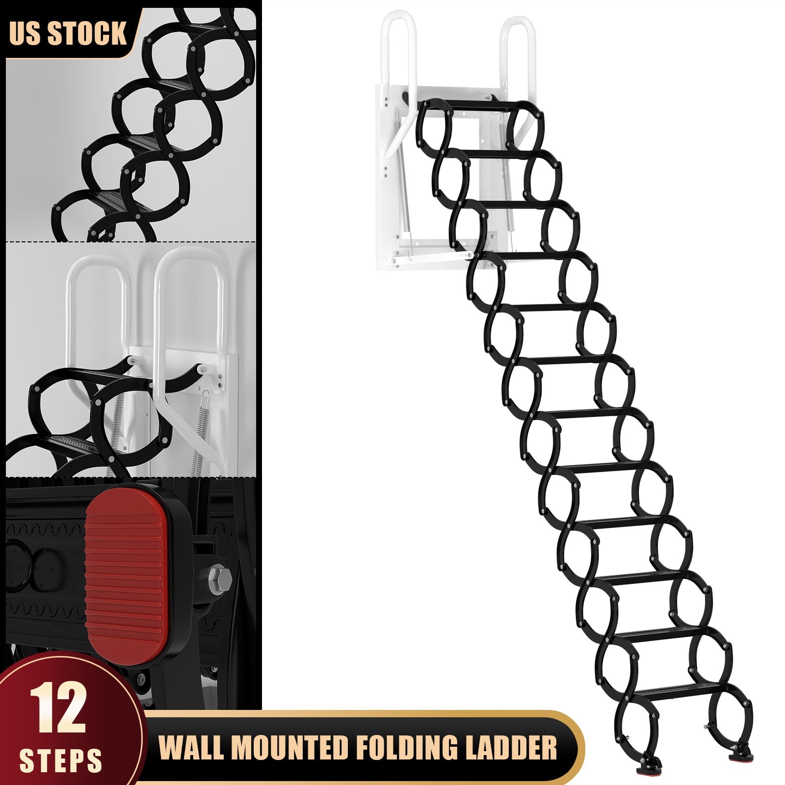 12-Step Folding Attic Ladder for 27.6" x 23.6" Wall Opening, 600 lbs Capacity Pull-Down Loft Stairs, up to 9.84ft Ceiling Height (Black)