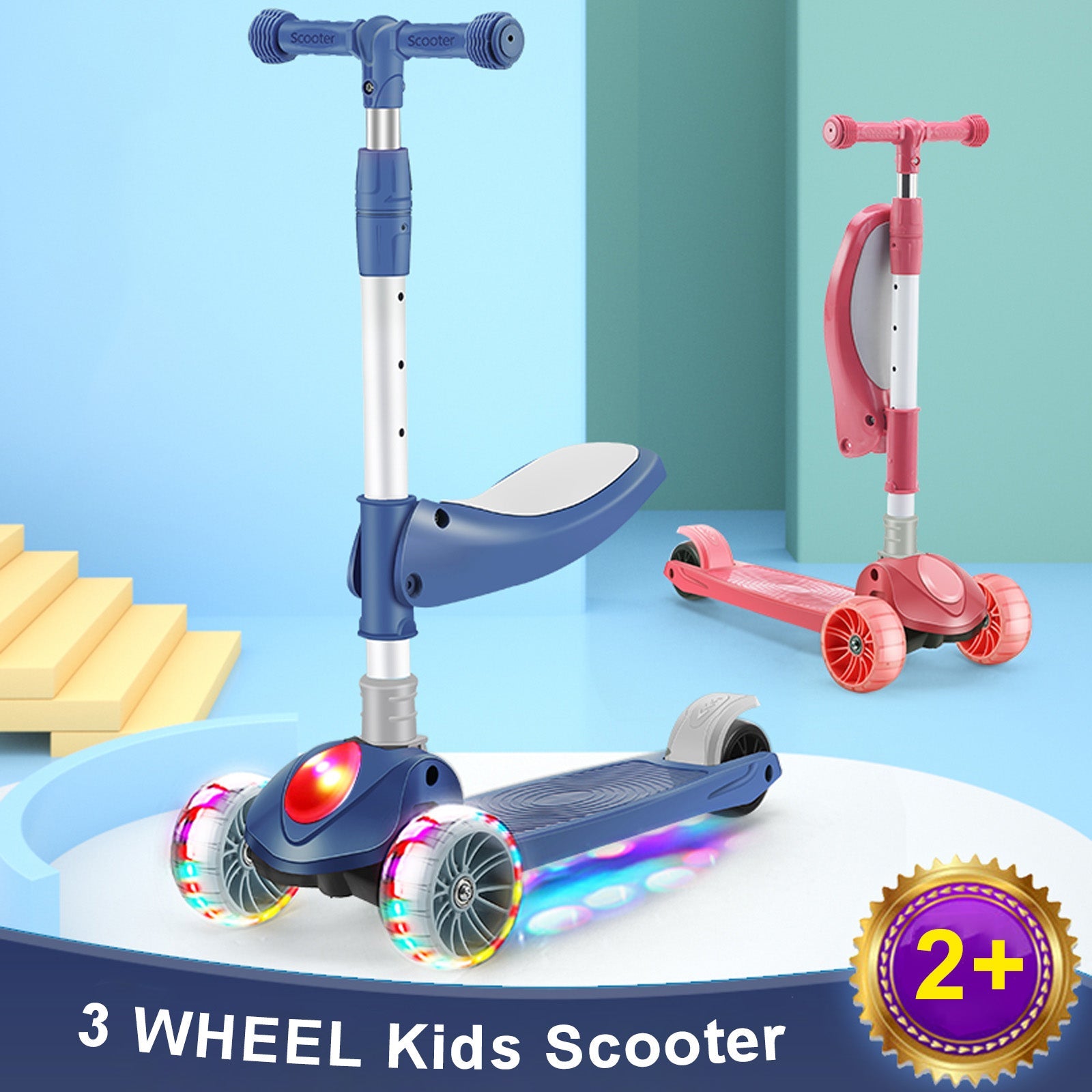 Kids 3-Wheel Scooter with Seat â€?Foldable Design, LED Wheels & Adjustable Handlebar (Blue)