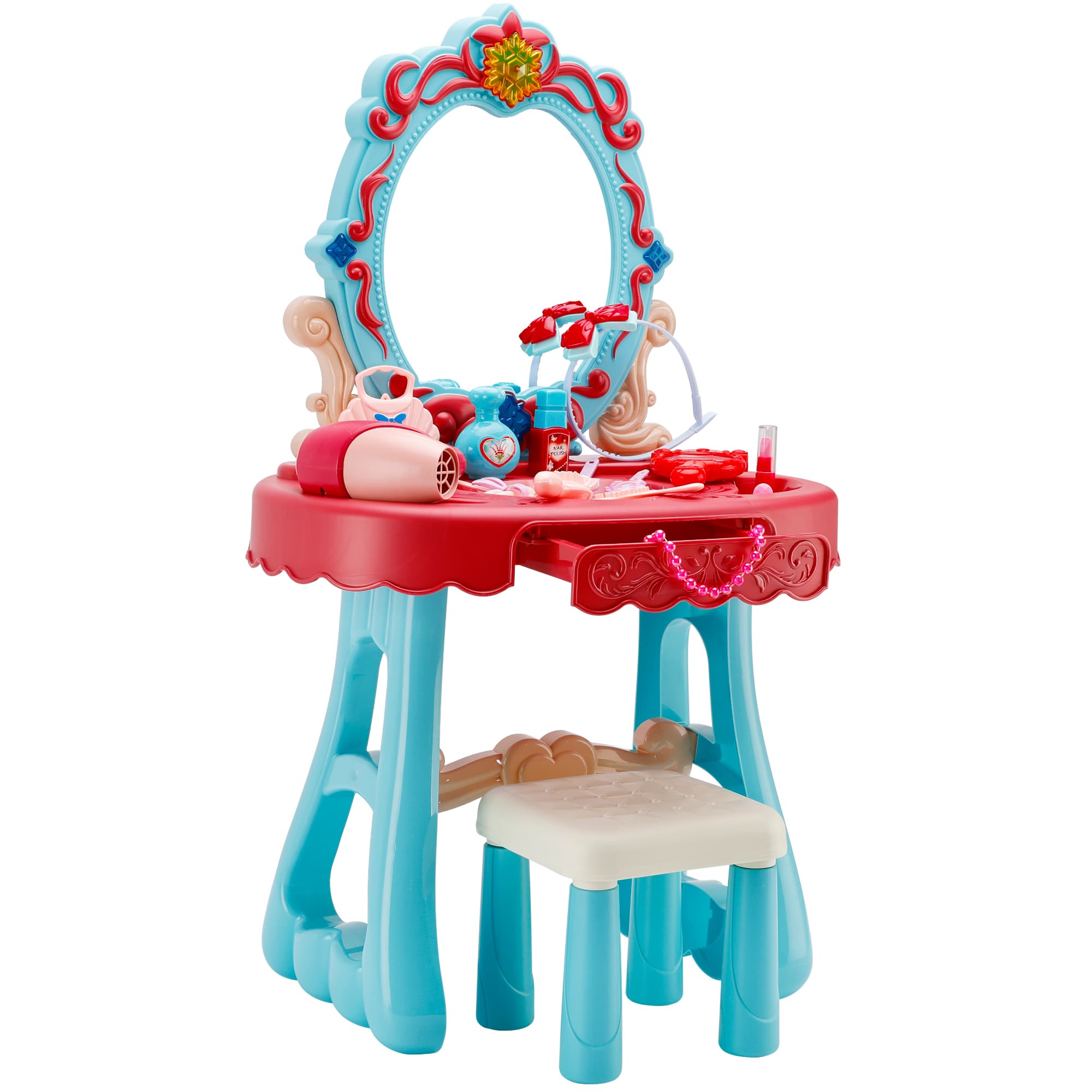 Toddler Makeup Table with Mirror and Chair Kids Vanity Set with Blowdryer for 3+