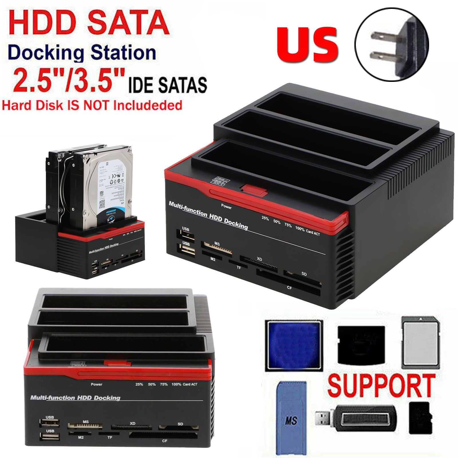 Multifunction 2.5 3.5" HDD Docking Station USB 3.0 Clone Hard Drive Card US