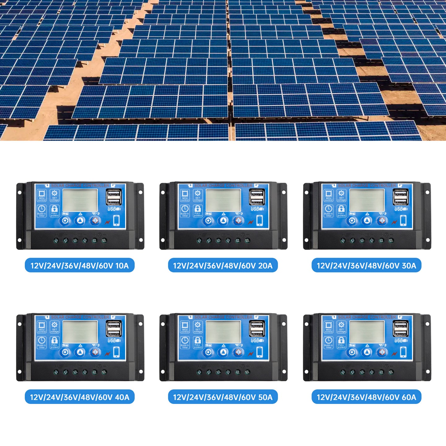 10A-60A PWM Solar Controller Mobile APP Intelligent Control 12V/24V/36V/48V/60V