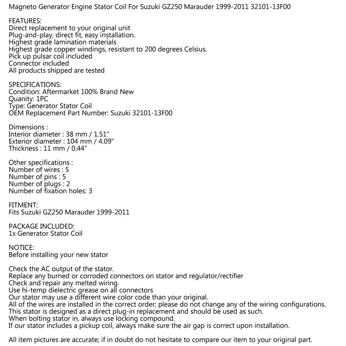 1999-2011 Suzuki GZ250 Marauder 32101-13F00 Magneto Generator Stator Coil