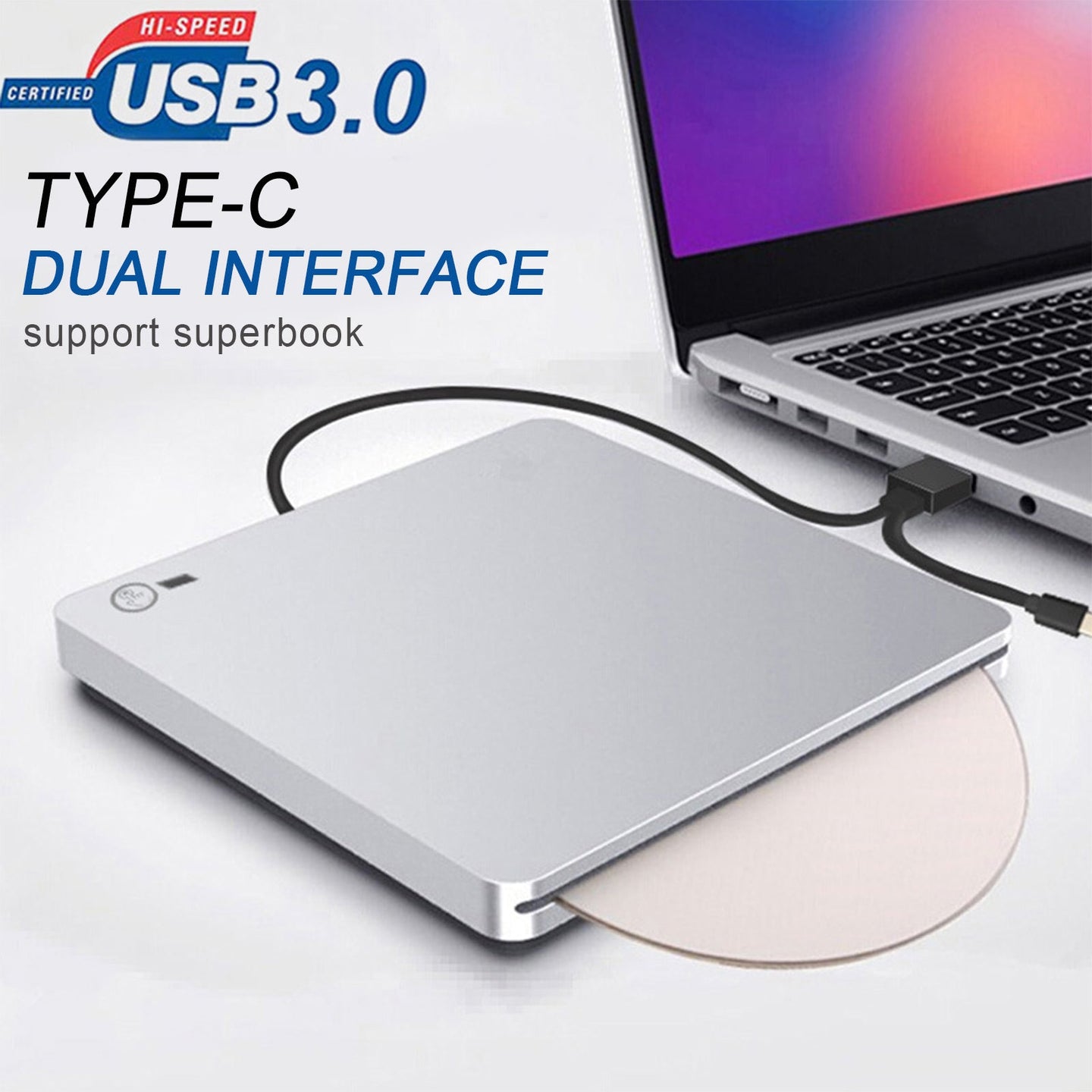 Portable External BD/DVD/CD Burner – USB Slot-In Drive, Slim & Plug & Play, Silve
