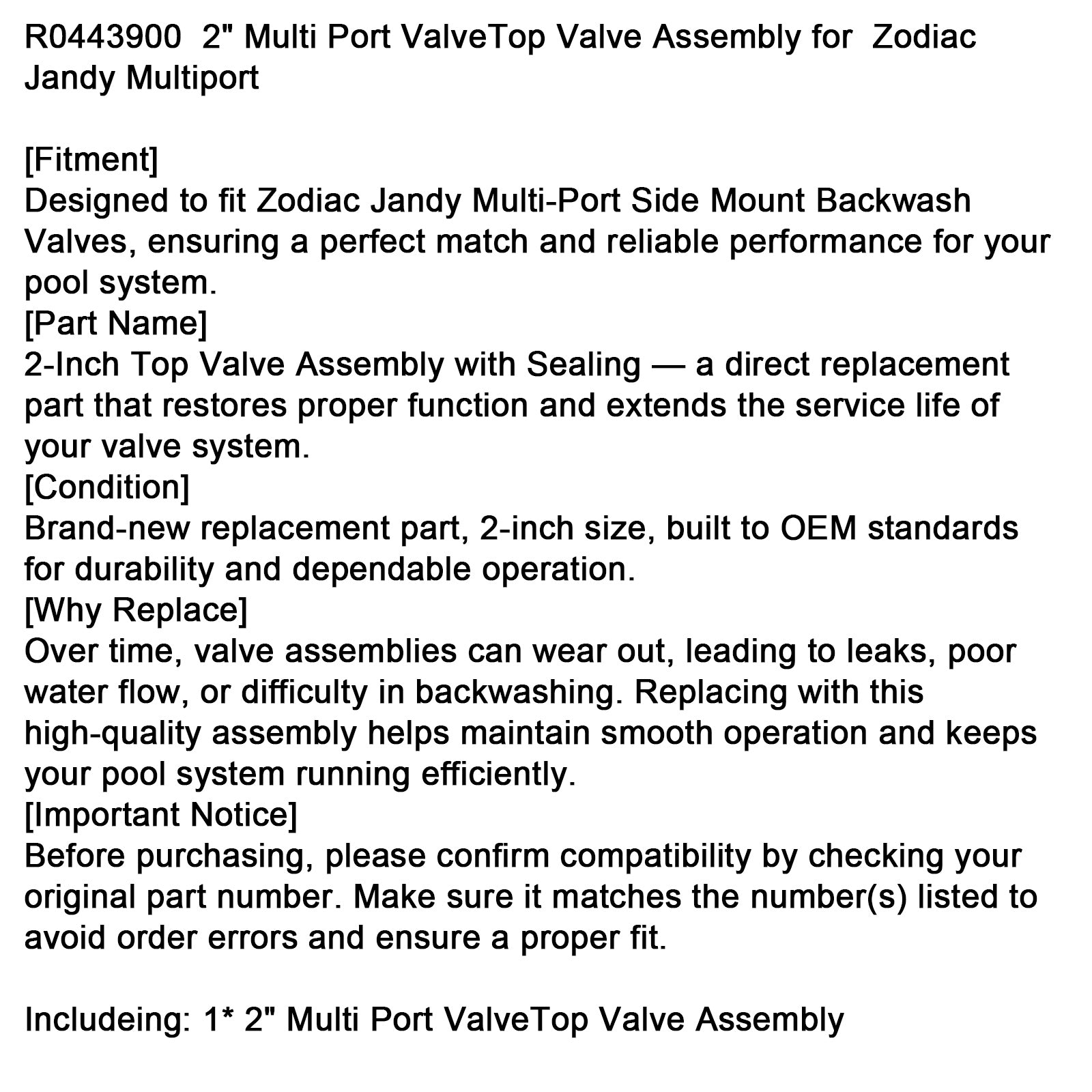 R0443900 2" Top Valve Assembly for Zodiac Jandy Multiport Valve Replacement