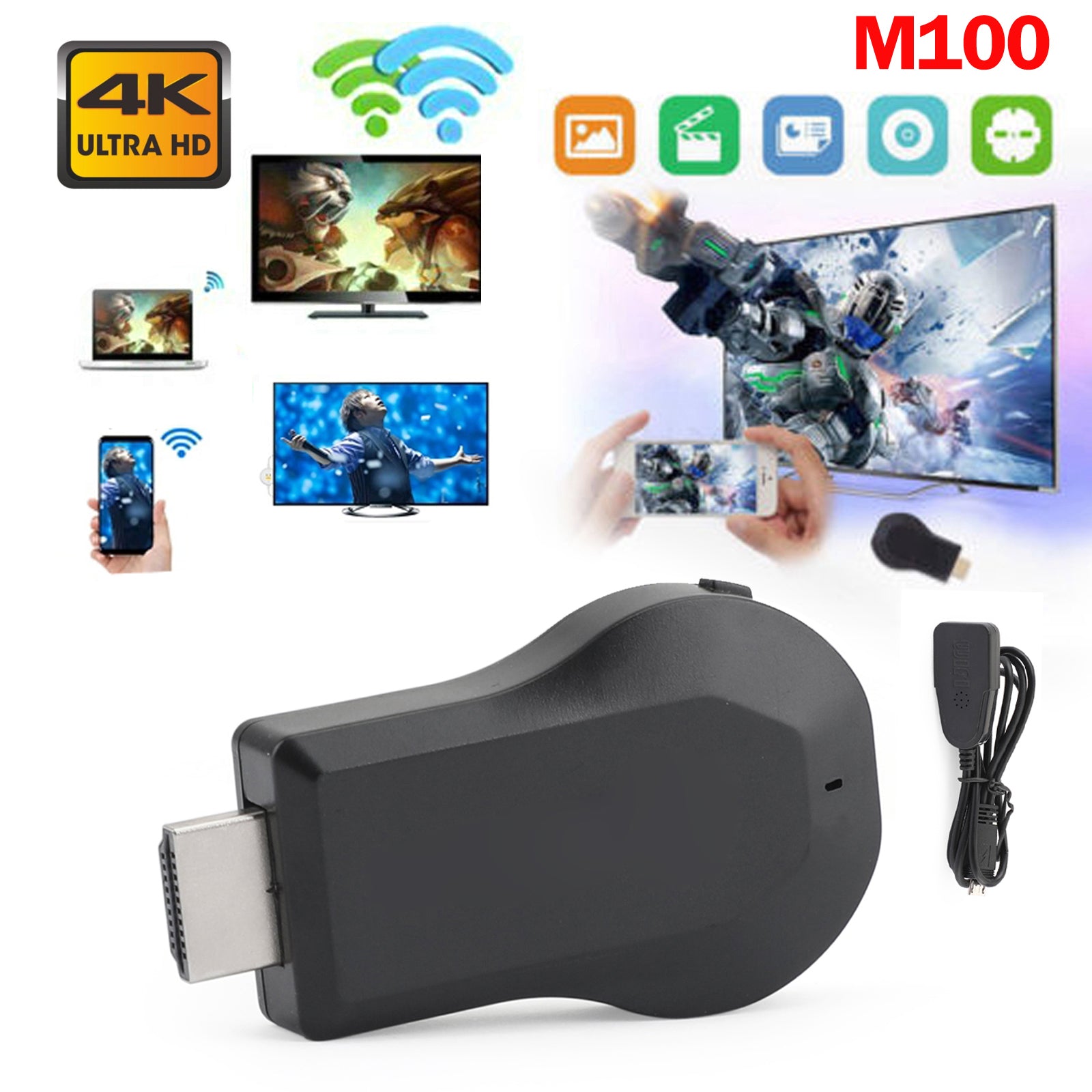 M100 4K Wireless HDMI Display Dongle, Supports Airplay, Miracast & DLNA for Screen Mirroring