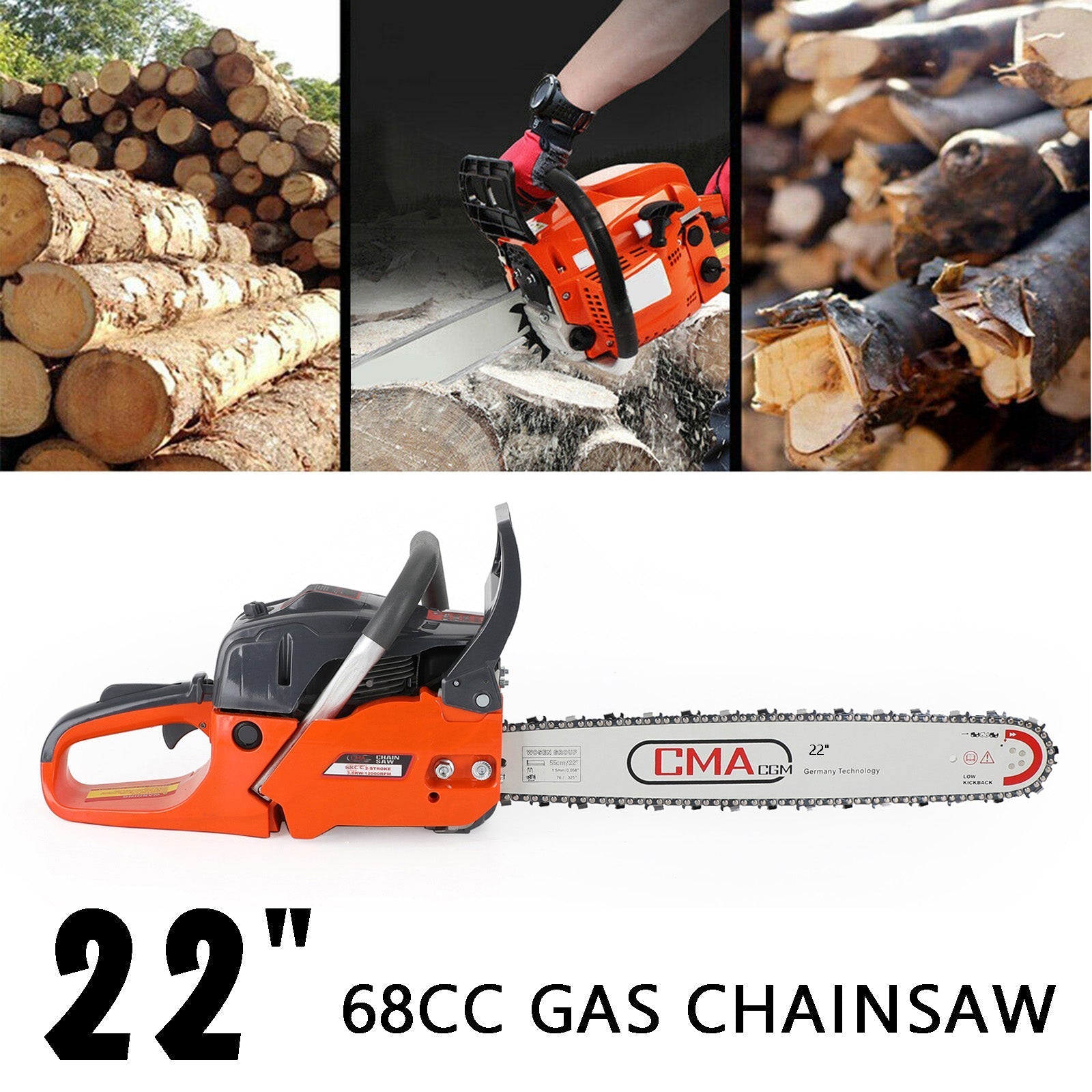 68CC Professional Gas Chainsaw with 22-Inch Bar, 3.0kW 2-Stroke Engine for Logging & Tree Felling