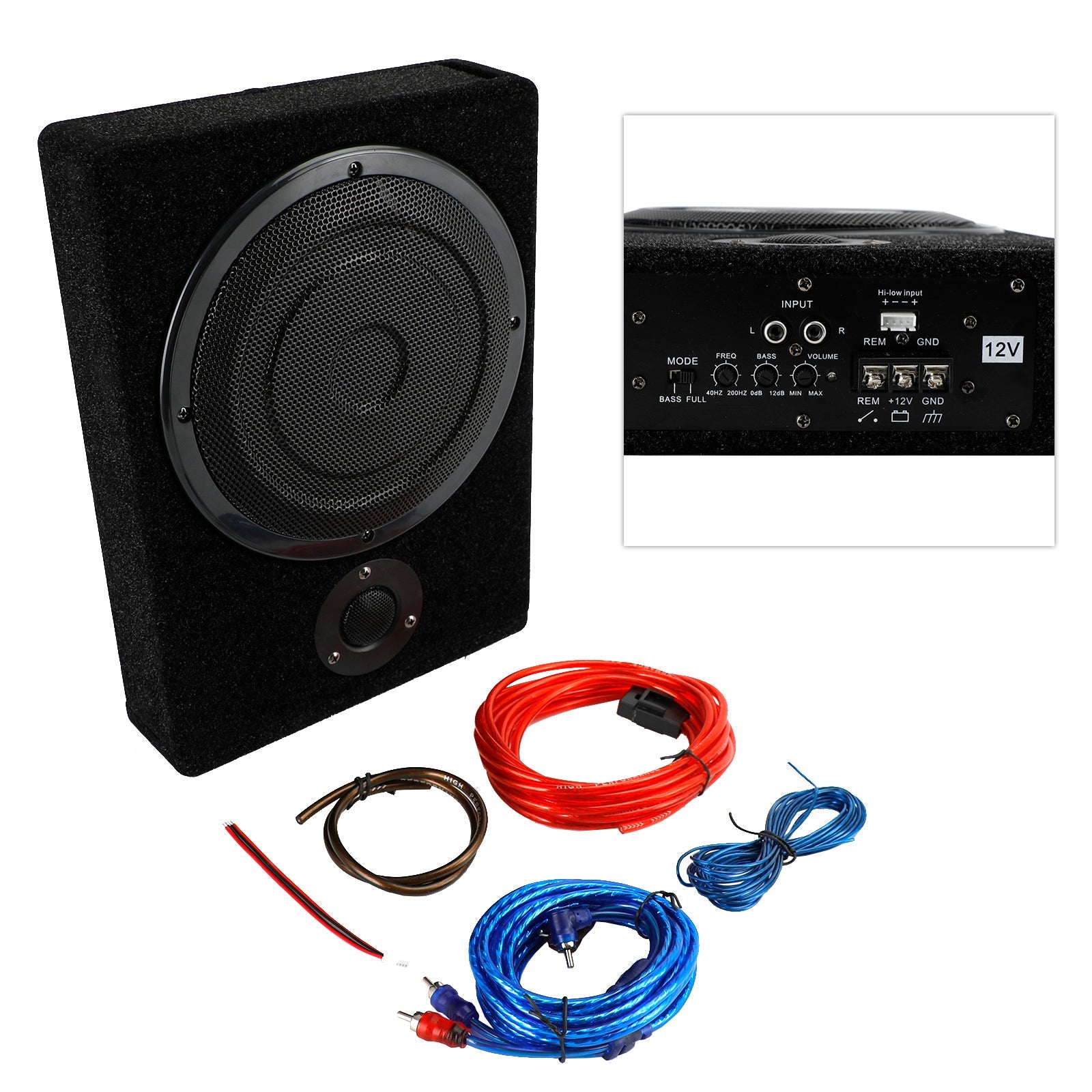 8" 600W Under-Seat Car Subwoofer with Built-in Amplifier – Slim Powered Sub Woofer Bass Speaker Box, Universal 12V Car Audio (US)