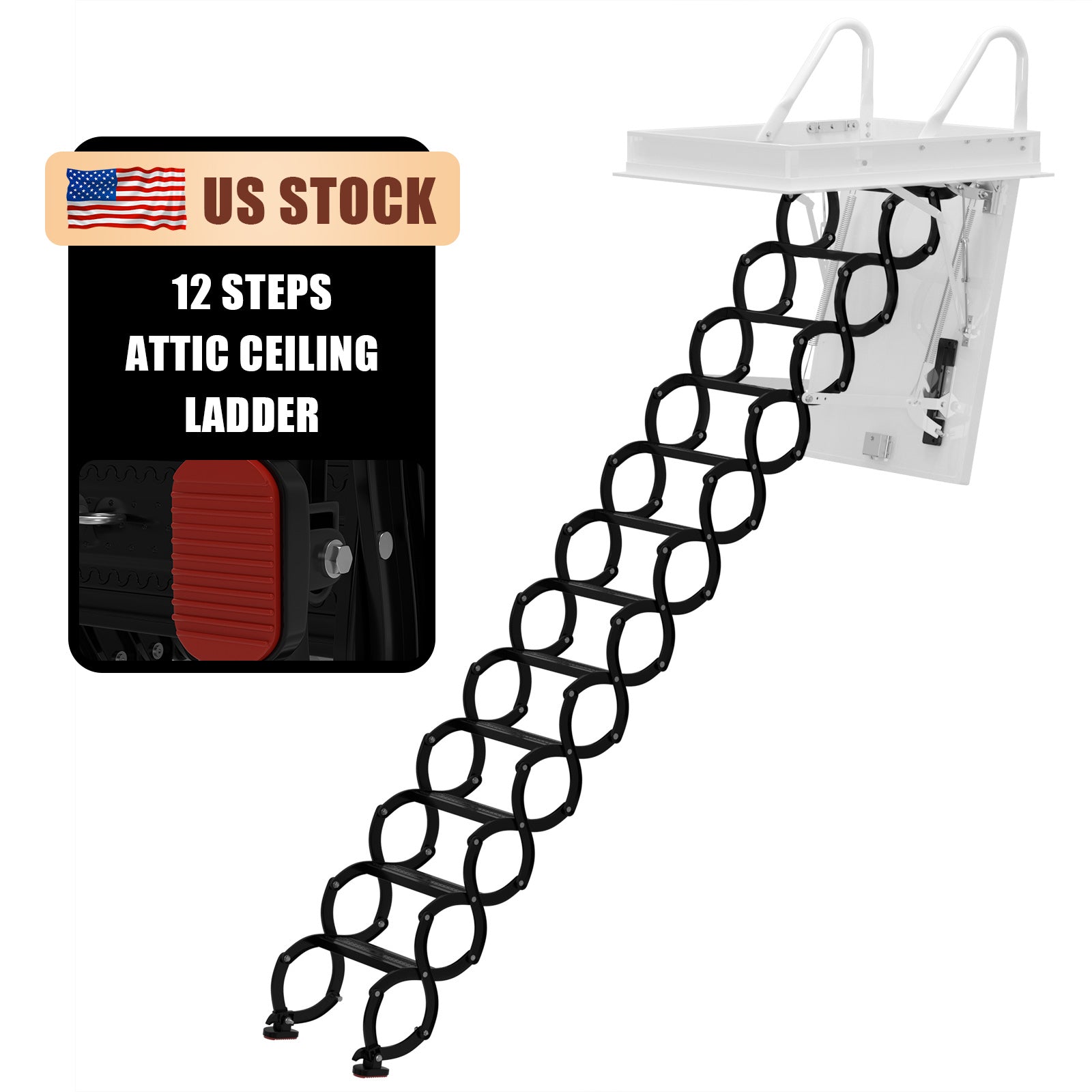 12-Step Folding Attic Ladder for 39.4" x 27.6" Opening, 660 lbs Capacity Wall-Mounted Pull-Down Loft Stairs, up to 9.84ft Floor Height (Black)