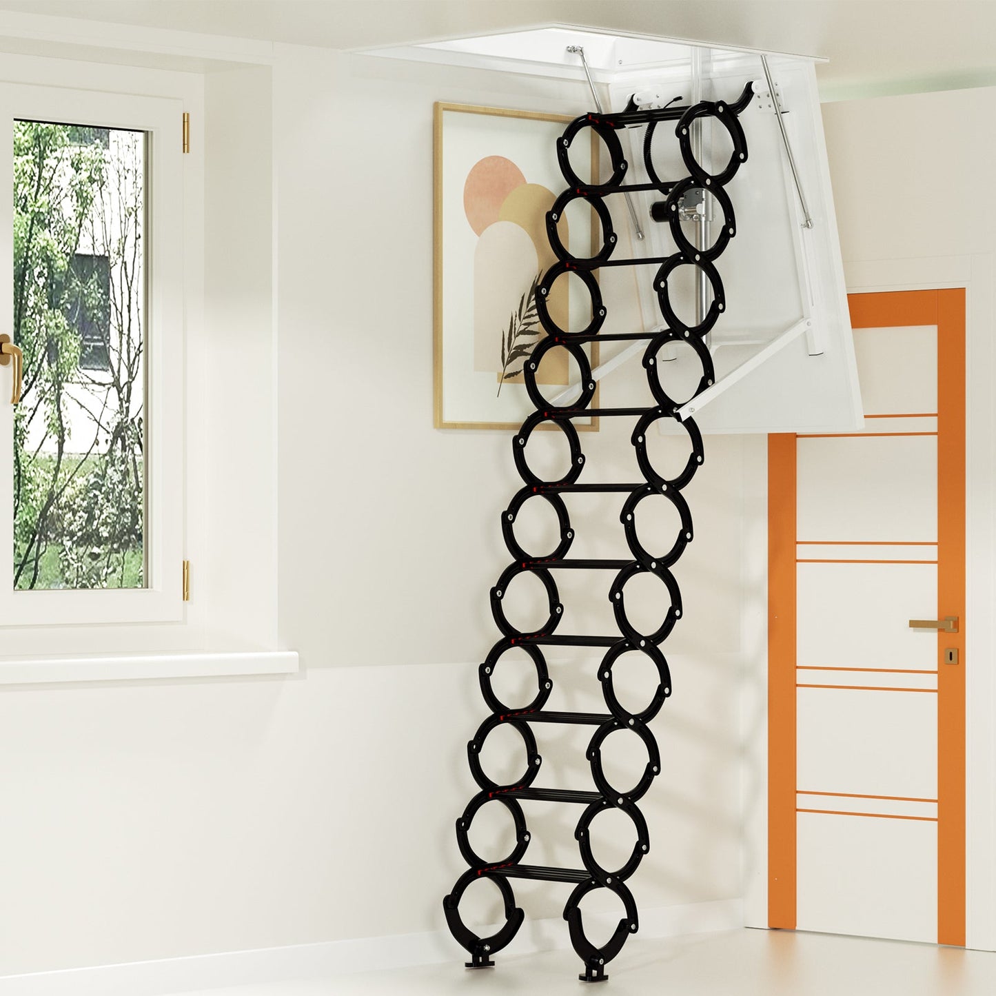 Electric Folding Attic Ladder, 11-Step for up to 9.5ft Ceilings, Fits 43.31" x 31.5" Opening, 660 lbs Capacity (Black/Red)