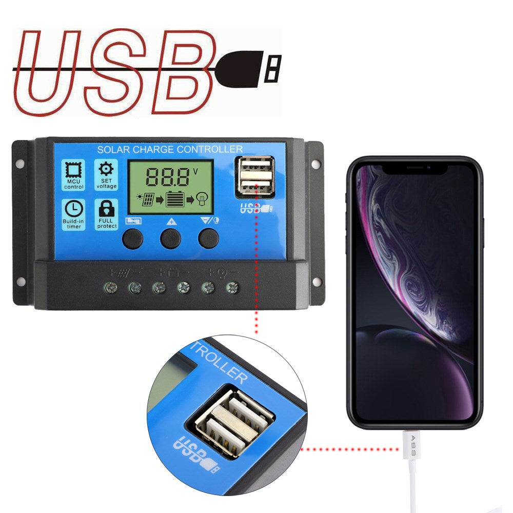 12V/24V Battery Regulator Solar Panel Charge Dual USB LCD 60A Controller PWM