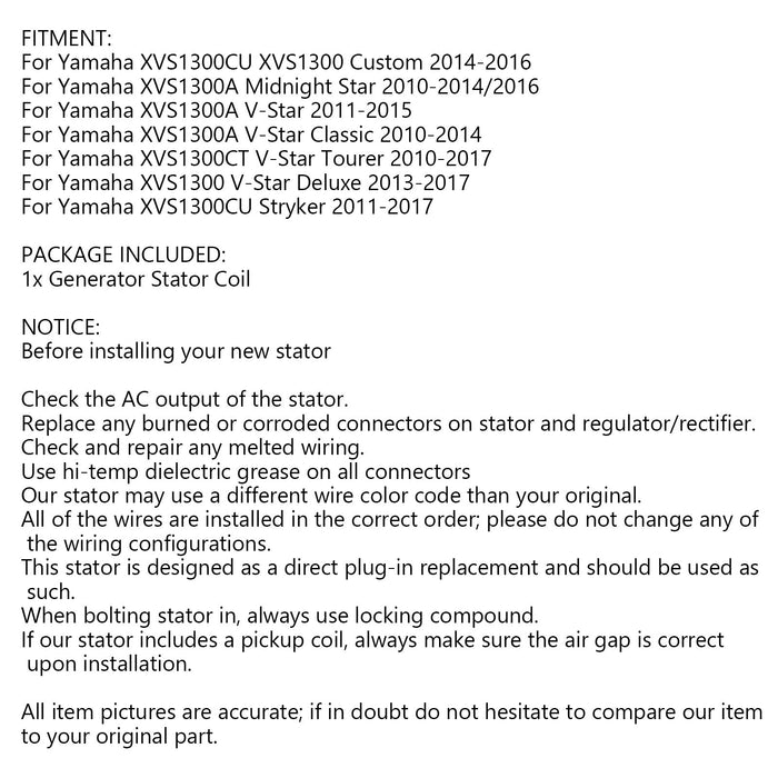 10-17 Yamaha XVS1300 V-Star / Midnight Star 3D8-81410-10 Generator Stator