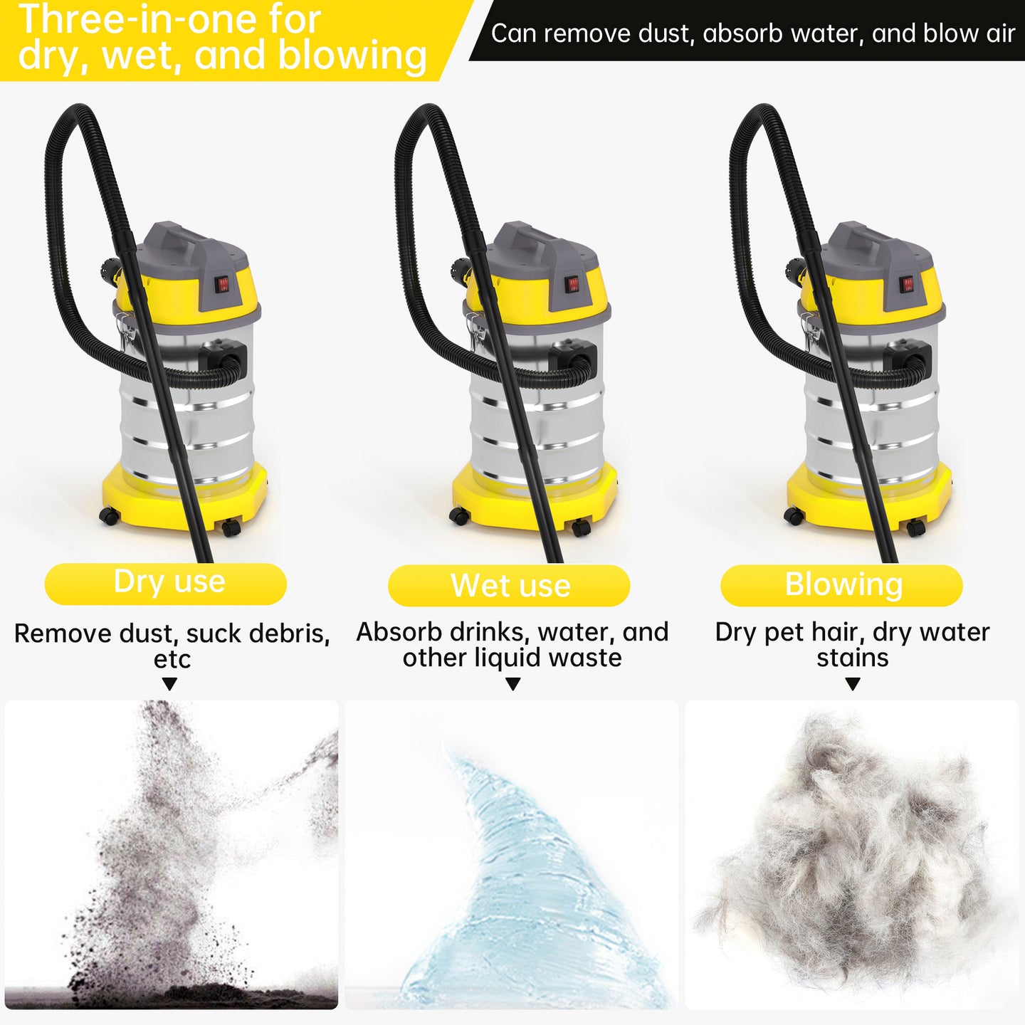 10 Gallon Wet/Dry Shop Vacuum, 8.0 HP Peak Stainless Steel Blower Vac with HEPA Filter for Garage & Workshop