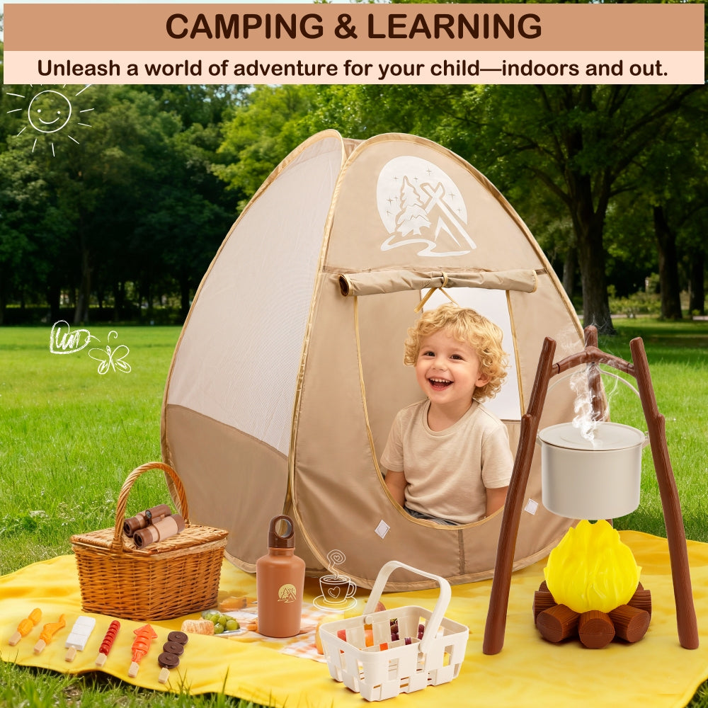 Kids Camping Set with Tent 34Pcs Camping Pretend Play Set with Light-Up Campfire