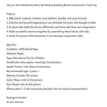 105pcs Kids Marble Run Race Set Railway Building Blocks Construction Track Toy (Copy)