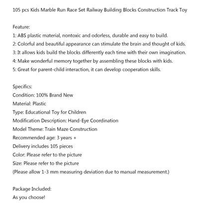 105pcs Kids Marble Run Race Set Railway Building Blocks Construction Track Toy