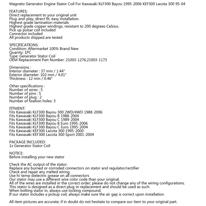 88-06 Kawasaki 21003-1276 KLF300 Euro 2WD/4WD Magneto Generator Stator Coil