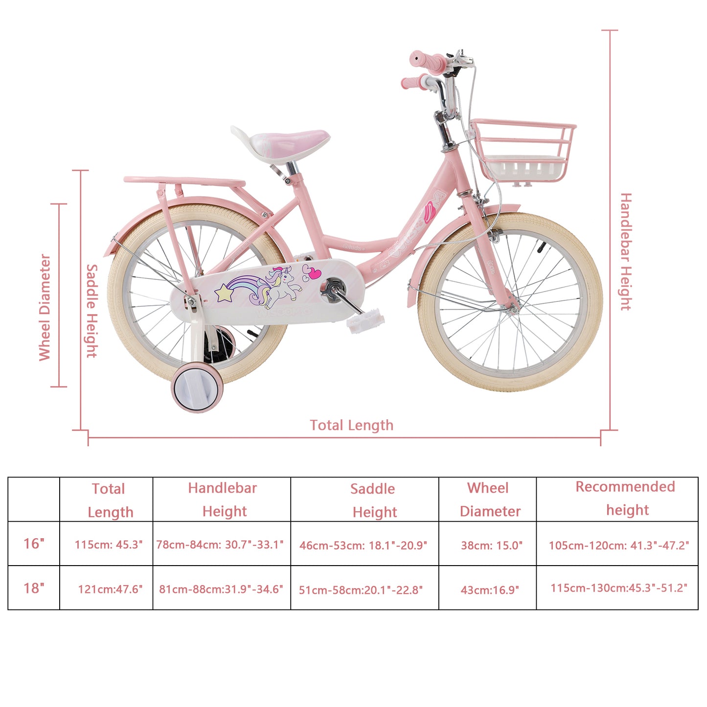 16"/18" Child Bicycle Girls Bike with auxiliary wheels & Rack & Basket