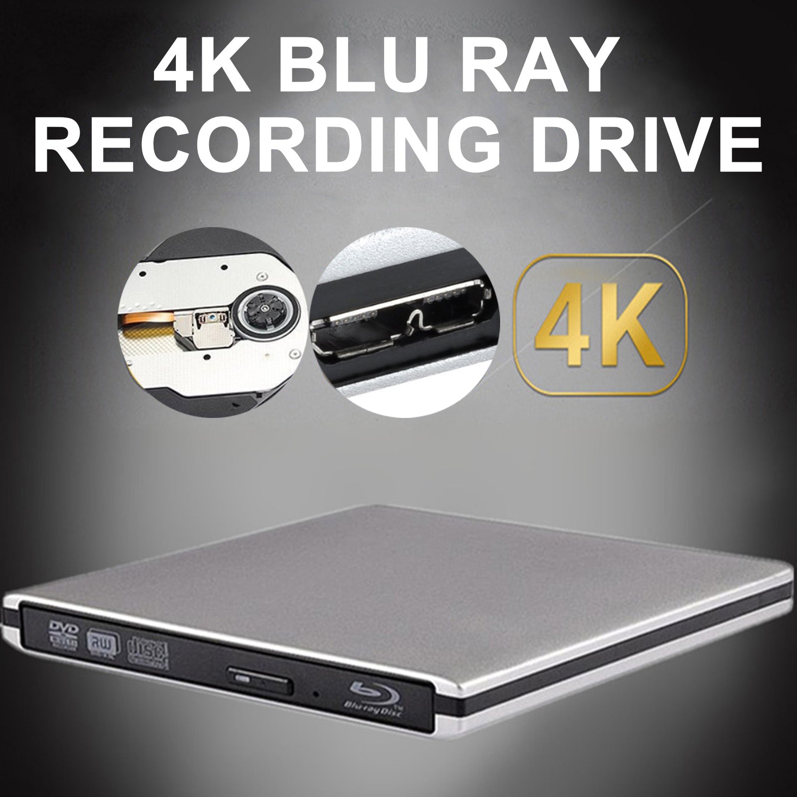 USB 3.0 External DVD/BD Burner & Recorder Drive – 4K Playback, Super Slim, Silver