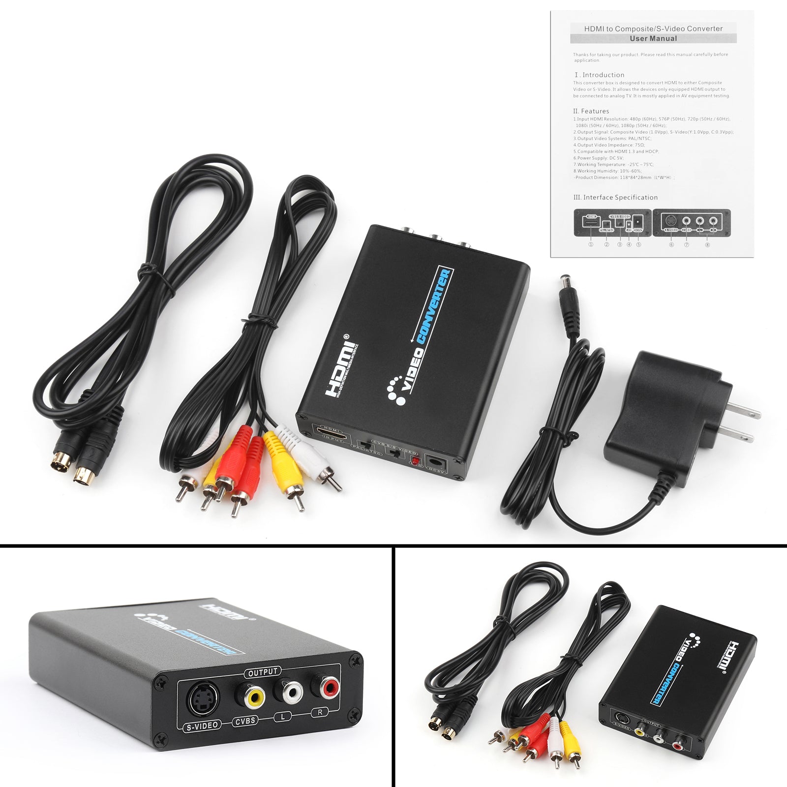 HDMI to 3 RCA AV+S-Video CVBS Composite R/L Audio 1080P Converter US Plug Power (Copy)