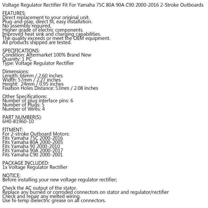 00-17 Yamaha 75 80 90 HP 75C 80A 90A C90 outboard 6H0-81960-10 Voltage Regulator Rectifier