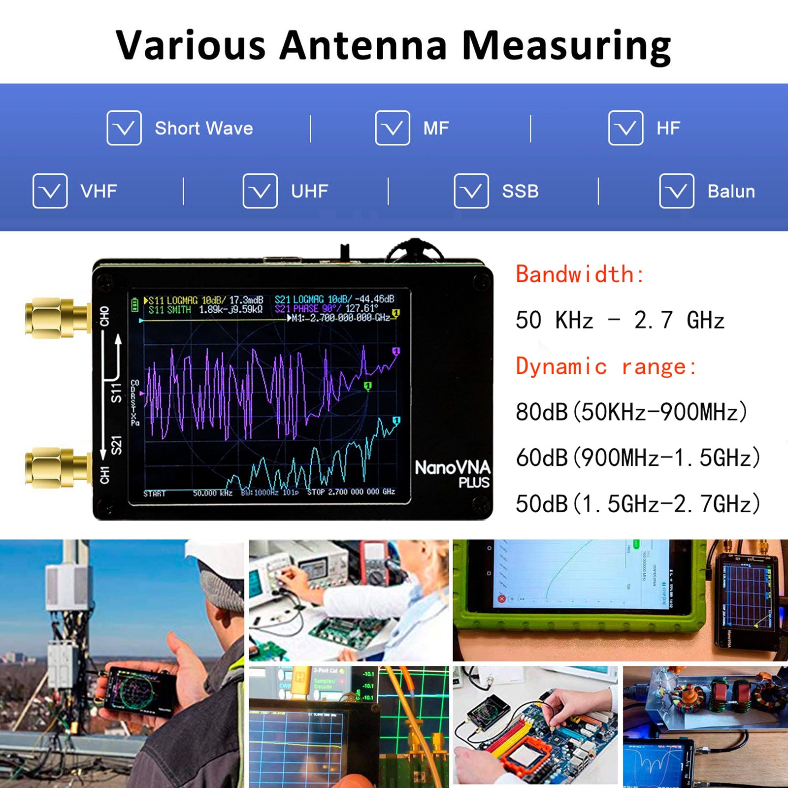 NanoVNA H Vector Network Analyzer 50kHz-2.7GHz MF HF VHF Antenna Analyzer