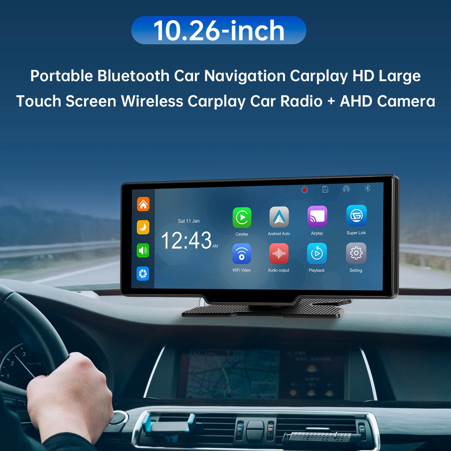 10.26" Portable Bluetooth Car Navigation Wireless Carplay Car Radio AHD Camera