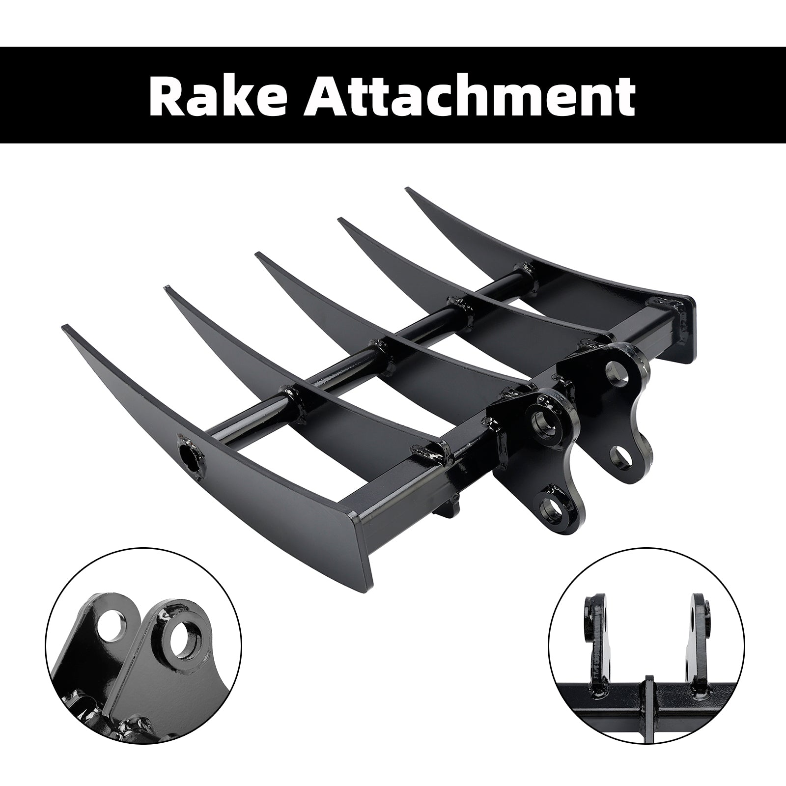 Mini Excavator Rake Attachment for 25mm Pins, 90mm Centers & 90mm Span, for Land Clearing & Root Removal
