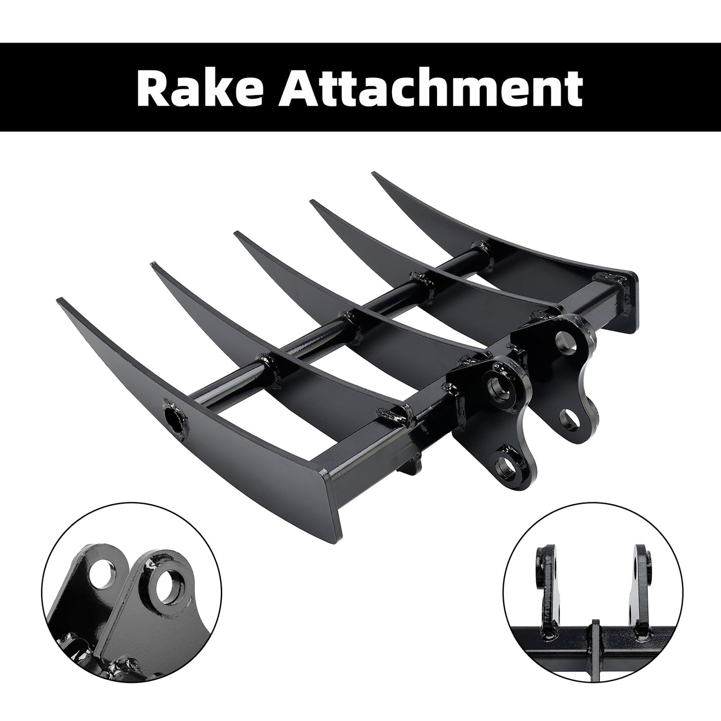 Mini Excavator Rake Attachment for 25mm Pins, 90mm Centers & 90mm Span, for Land Clearing & Root Removal