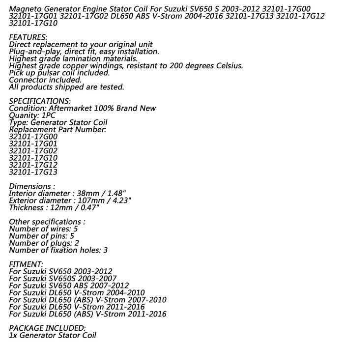 03-16 Suzuki SV650 S ABS DL650 V-Strom 650 Stator Coil 18 Poles