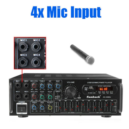 ☆2000W Bluetooth HiFi Power Amplifier Karaoke USB EQ Mixer SUNBUCK with Remote Control for Car and Home