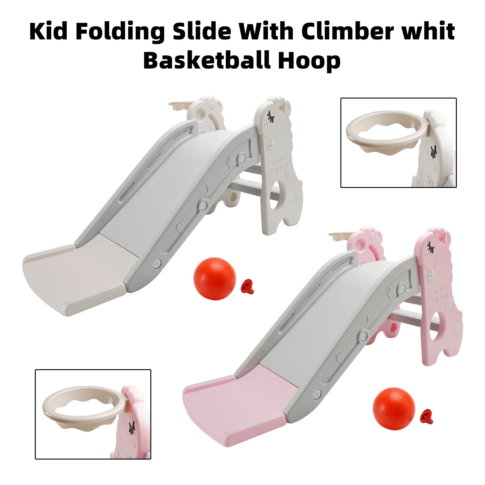 3In1 Kid Folding Slide With Climber,Basketball Hoop,Freestanding Slide Toy