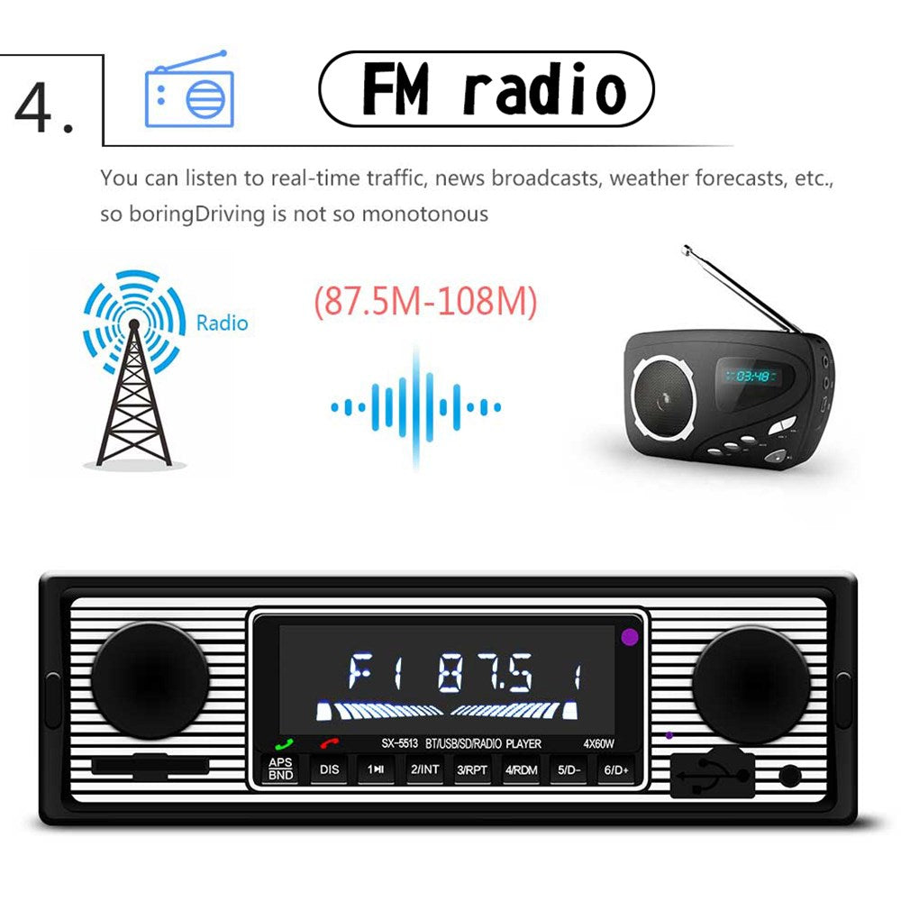 Vintage Classic Bluetooth Car Stereo FM Radio MP3 Player Receiver USB/SD/AUX
