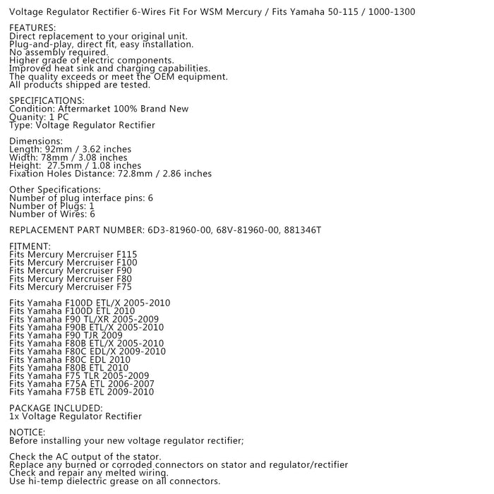 Rectifier Regulator for Yamaha Outboard F100 F90 F80 F75 ETL EDL TLR TJR 05-10