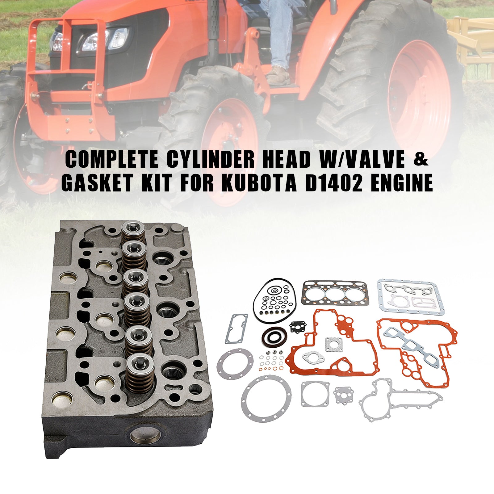Complete Cylinder Head & Gasket Kit for Kubota D1402 Engine, Fits Bobcat 643, New Holland L455, L2550