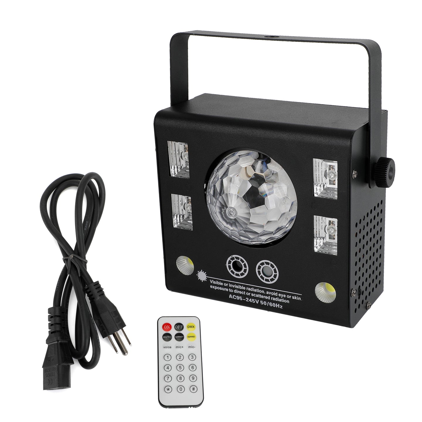 4-in-1 DJ Party Light with Strobe, UV Blacklight, Magic Ball & Laser, DMX & Sound Activated with Remote