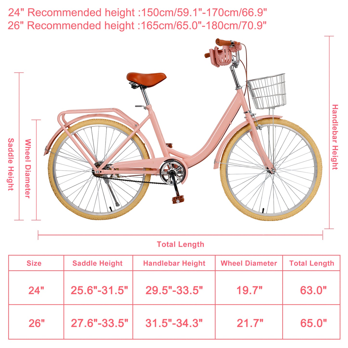 24/26 inch Women City Bicycle Beach Cruiser Bike with Basket & Rack