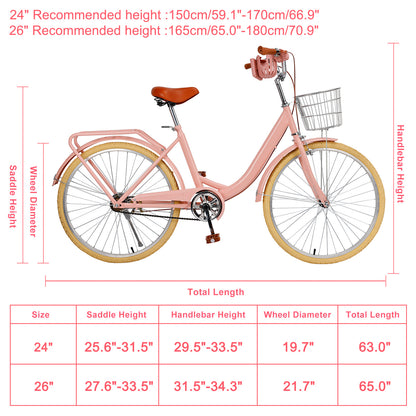 24/26 inch Women City Bicycle Beach Cruiser Bike with Basket & Rack