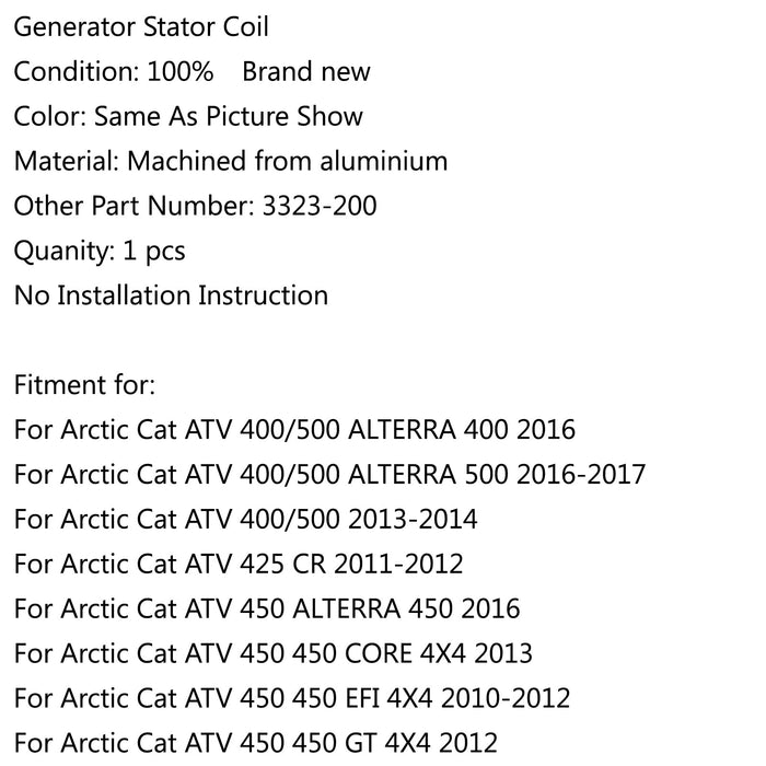 08-18 Arctic Cat ATV 400/500 425 450 ALTERRA XC450 XR500 Generator Stator Coil