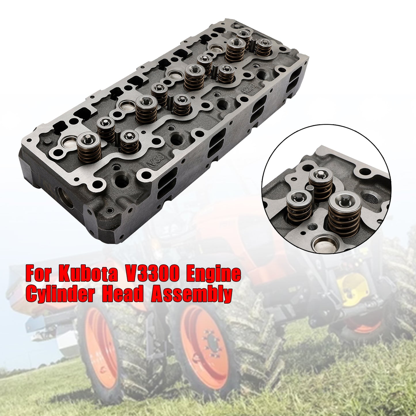 Complete Cylinder Head for Kubota V3300 Engine, Fits Bobcat S650 & Kubota SVL75, with 12 Valves Pre-Installed