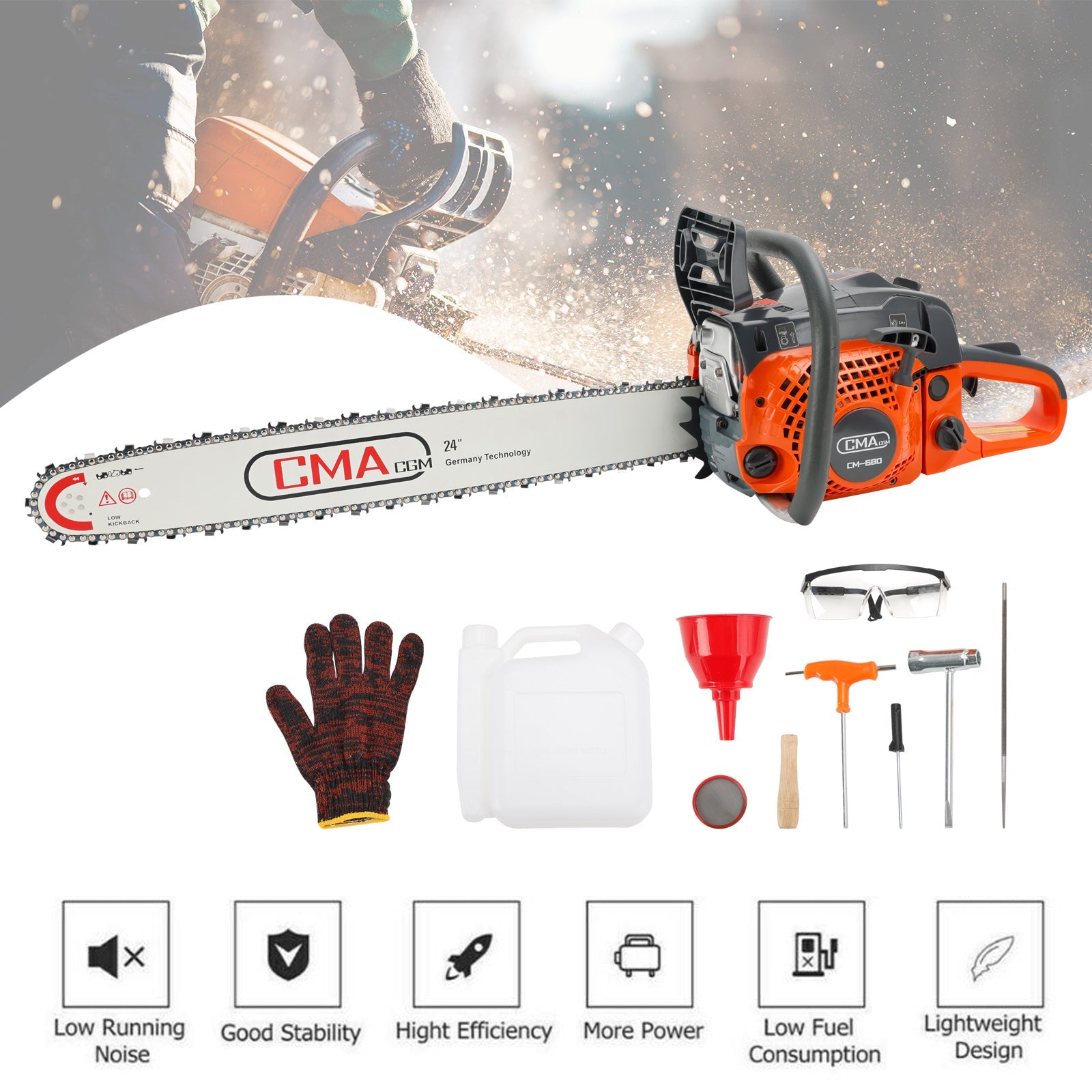 24inch 68CC Gasoline Chainsaw Cutting Wood Gas Sawing Aluminum Crankcase Chain Saw