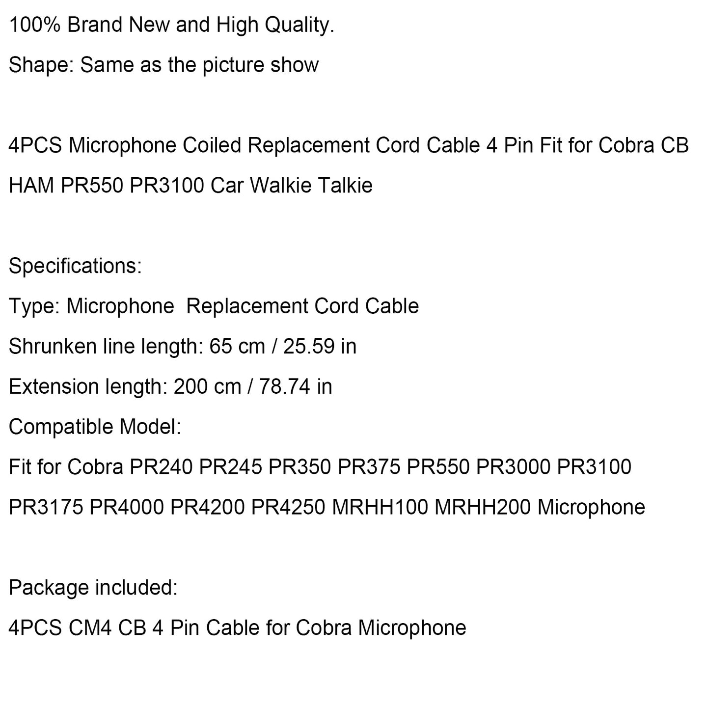 Microphone Coiled Replacement Cord Cable 4Pin For Pr550 Pr3100 Car Walkie Talkie