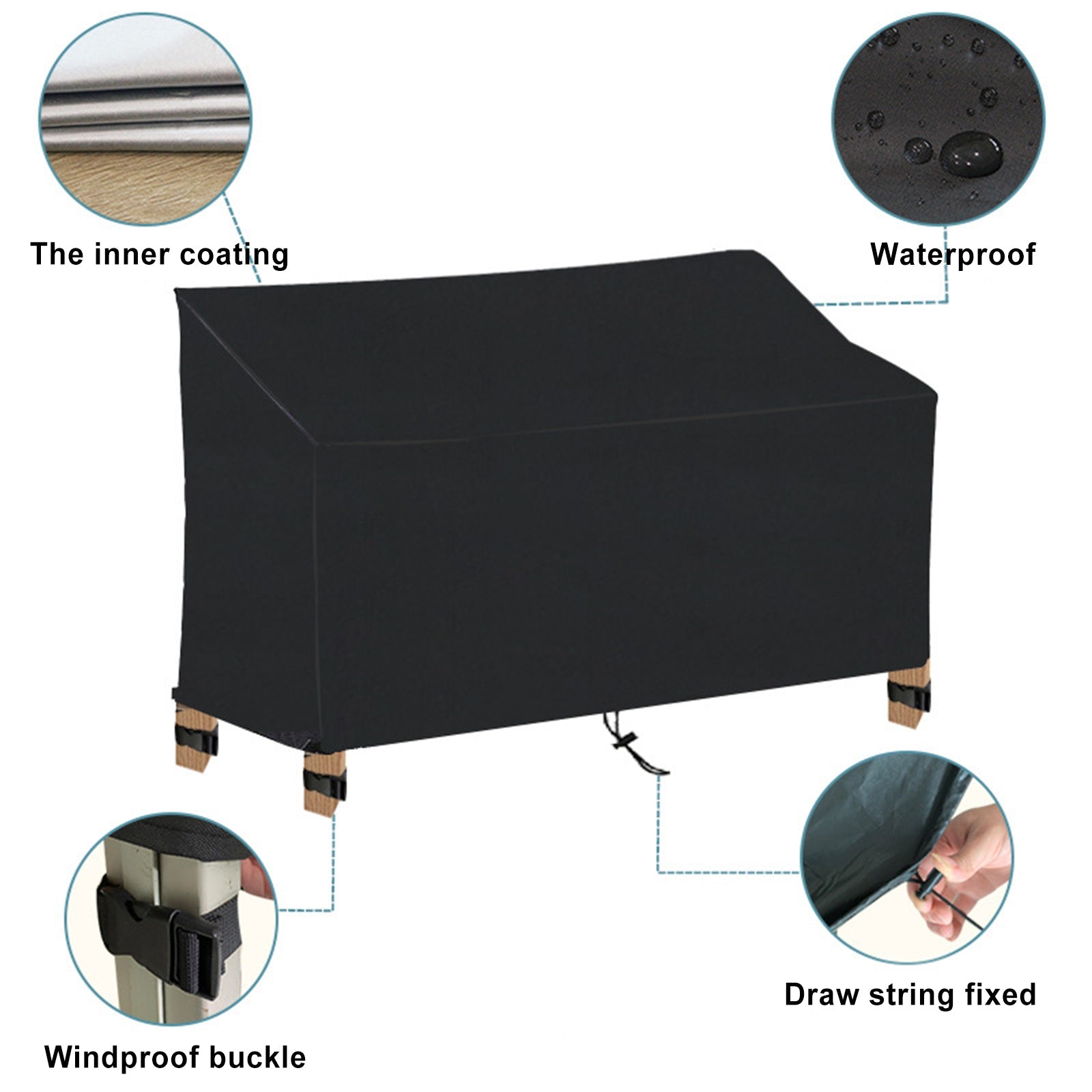 Black Waterproof Heavy Duty Garden Couch Outdoor 2/3/4 Seater Bench Seat Cover, 4Seats 190x66x89cm