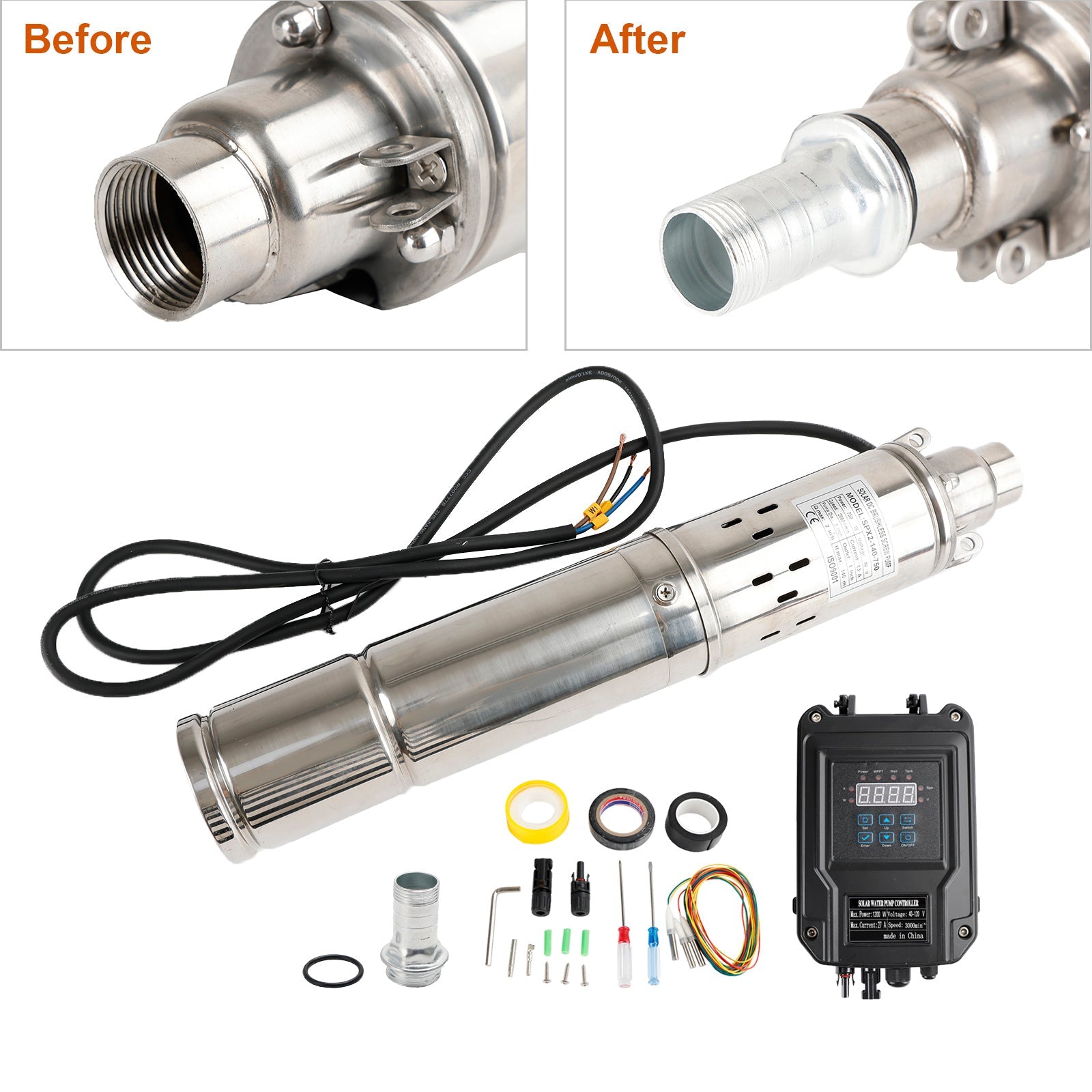 750W 48V Solar Submersible Borehole Pump with MPPT – 3 Inch Deep Well Screw Pump, Max Head 140M