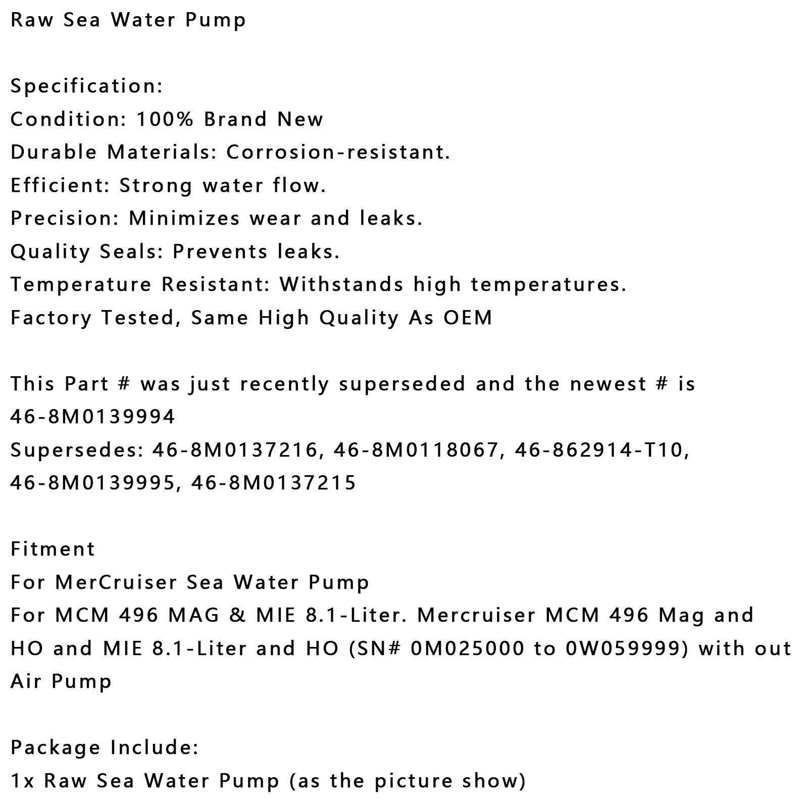 Raw Sea Water Pump for MerCruiser Mercury 496 MAG & 8.1L, Replaces 46-8M0139994, 46-862914-T10